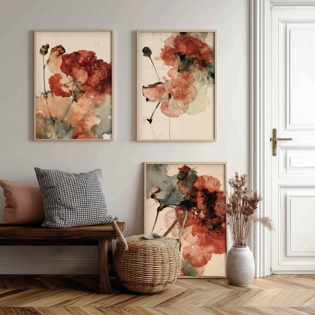 Crimson Carnation Studies Set of Three Art Prints - Rust Red Blooms, Dried Seed Heads, Inked Stems - Moody Herbarium Watercolour Posters