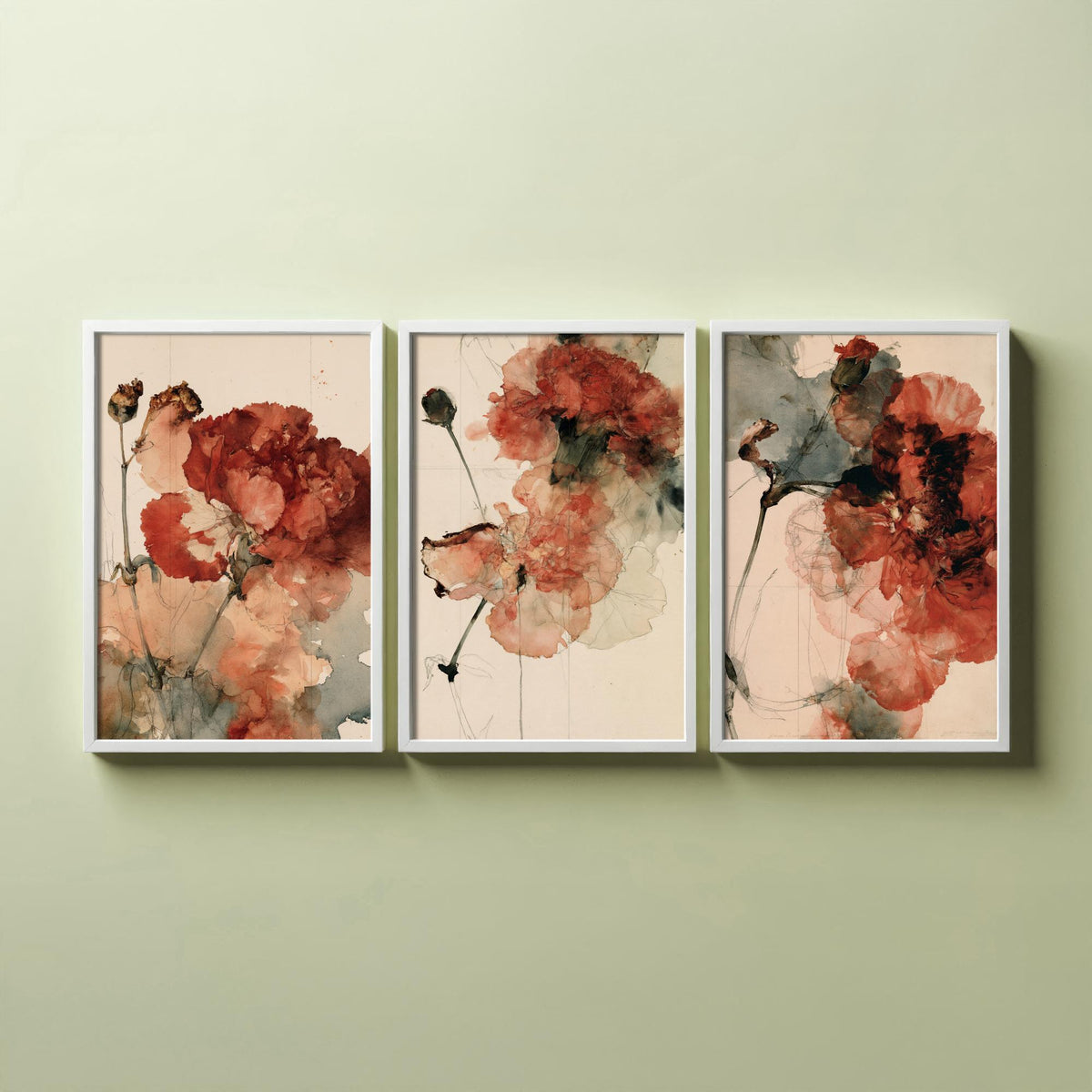 Crimson Carnation Studies Set of Three Art Prints - Rust Red Blooms, Dried Seed Heads, Inked Stems - Moody Herbarium Watercolour Posters