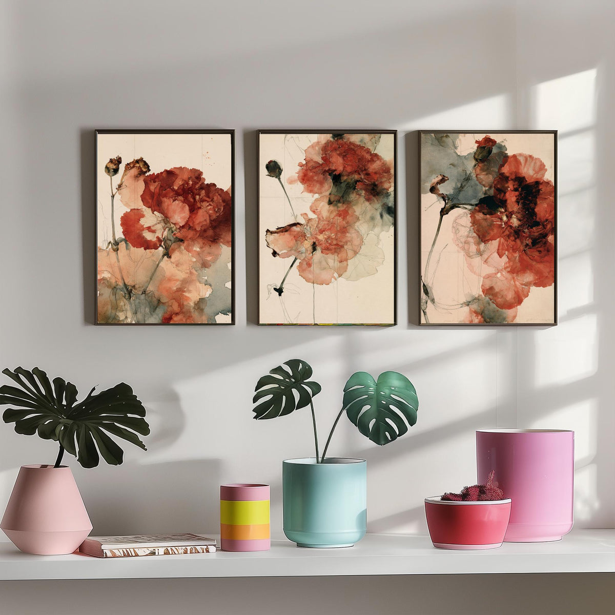 Crimson Carnation Studies Set of Three Art Prints - Rust Red Blooms, Dried Seed Heads, Inked Stems - Moody Herbarium Watercolour Posters