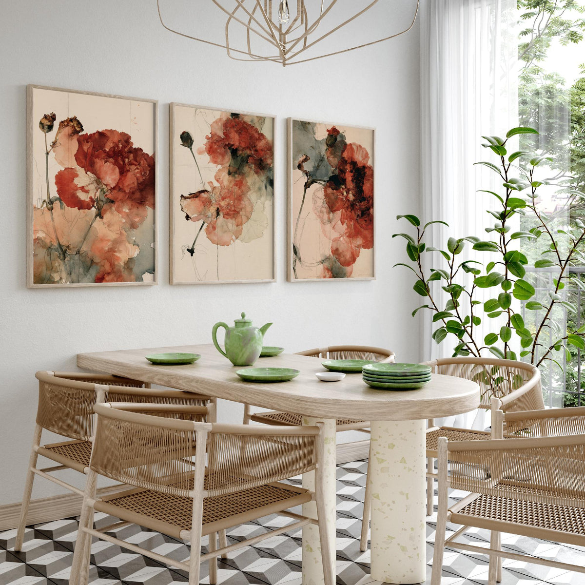 Crimson Carnation Studies Set of Three Art Prints - Rust Red Blooms, Dried Seed Heads, Inked Stems - Moody Herbarium Watercolour Posters