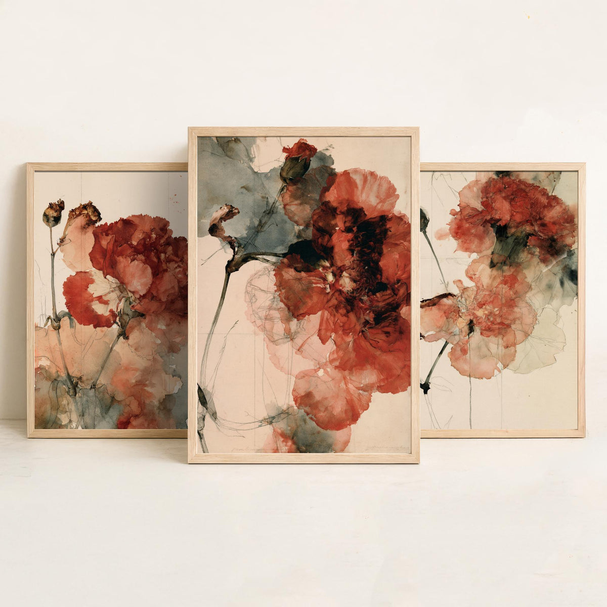 Crimson Carnation Studies Set of Three Art Prints - Rust Red Blooms, Dried Seed Heads, Inked Stems - Moody Herbarium Watercolour Posters