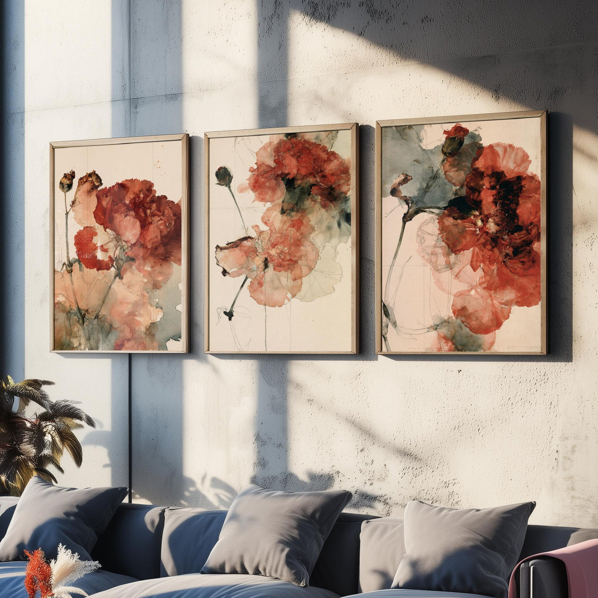 Crimson Carnation Studies Set of Three Art Prints - Rust Red Blooms, Dried Seed Heads, Inked Stems - Moody Herbarium Watercolour Posters