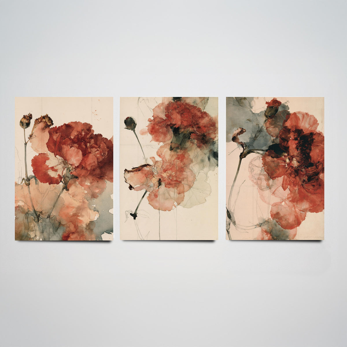 Crimson Carnation Studies Set of Three Art Prints - Rust Red Blooms, Dried Seed Heads, Inked Stems - Moody Herbarium Watercolour Posters