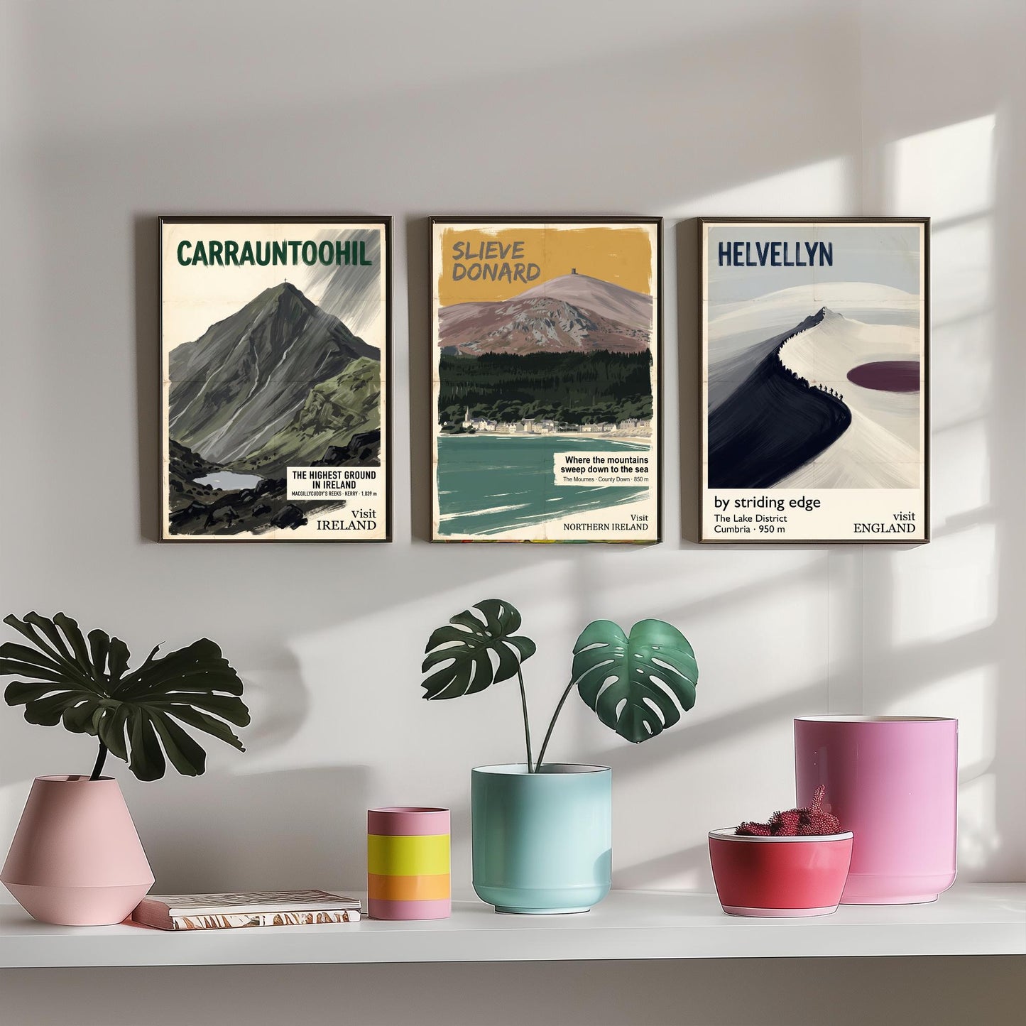 Carrauntoohil, Slieve Donard and Helvellyn Set of Three Art Prints - Highest Ground in Ireland - Mountain Travel Poster Painting V2