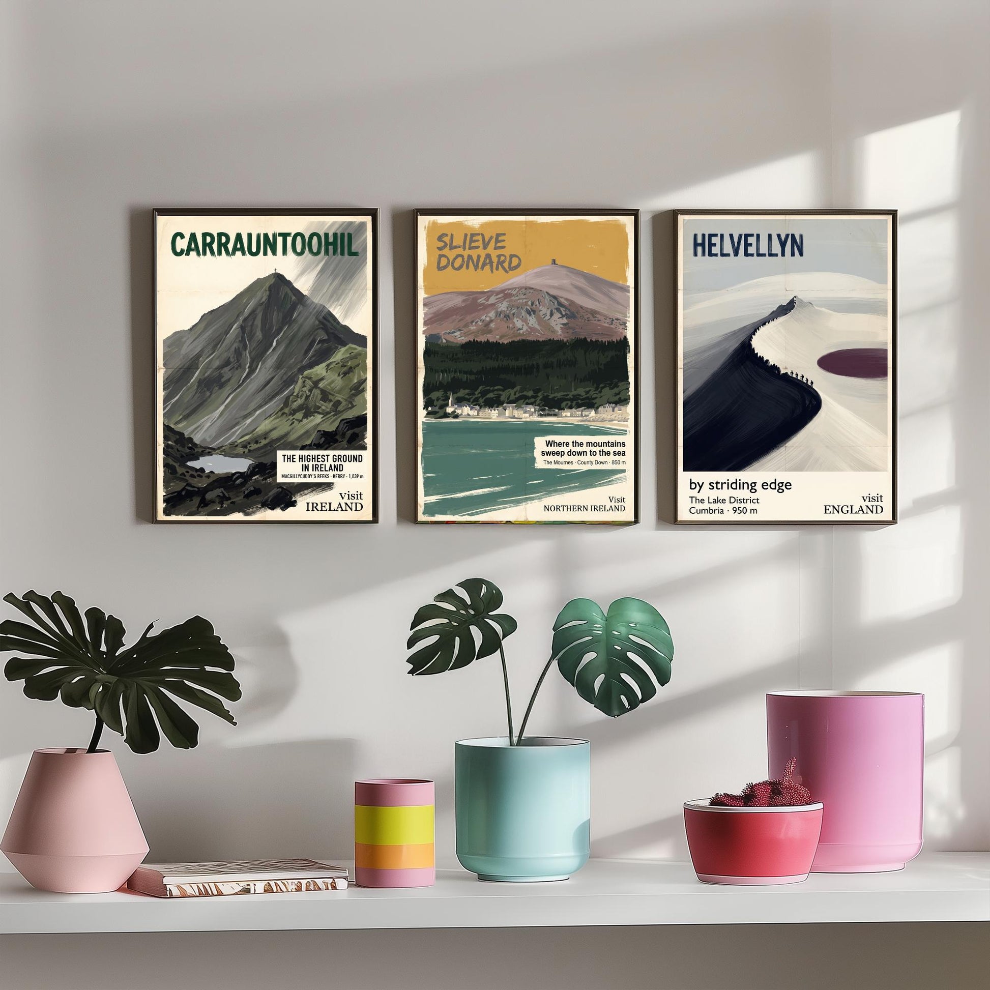Carrauntoohil, Slieve Donard and Helvellyn Set of Three Art Prints - Highest Ground in Ireland - Mountain Travel Poster Painting V2