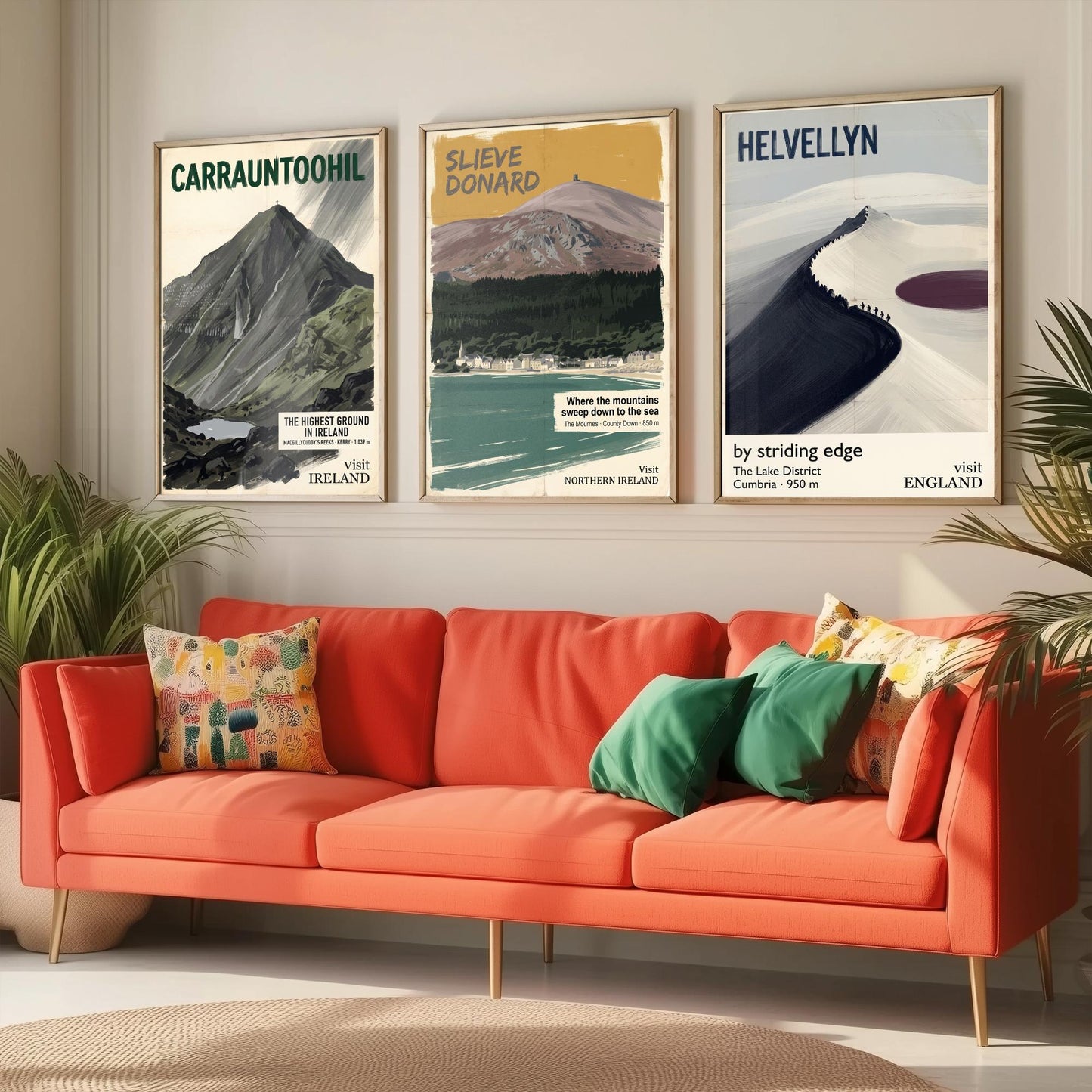 Carrauntoohil, Slieve Donard and Helvellyn Set of Three Art Prints - Highest Ground in Ireland - Mountain Travel Poster Painting V2