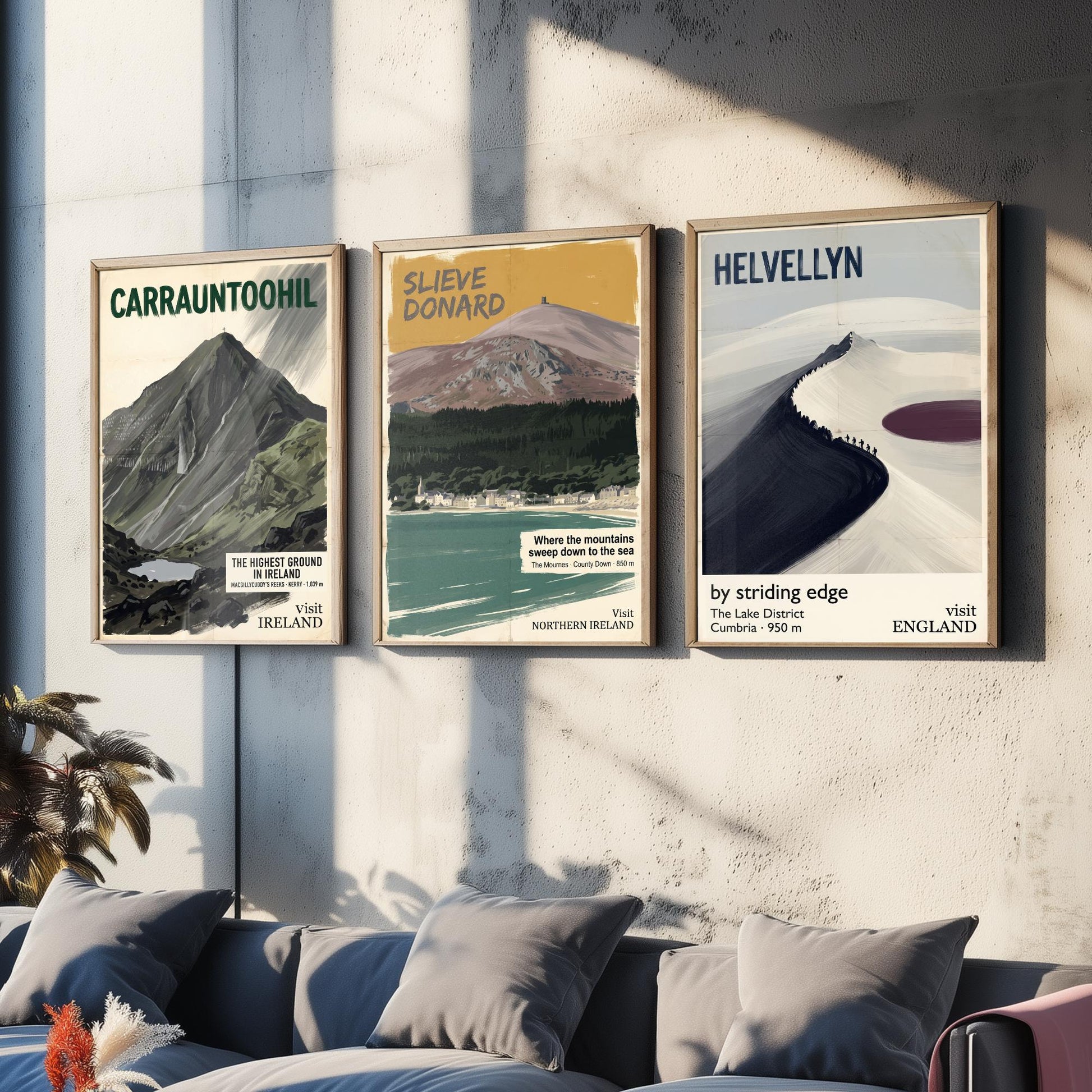 Carrauntoohil, Slieve Donard and Helvellyn Set of Three Art Prints - Highest Ground in Ireland - Mountain Travel Poster Painting V2