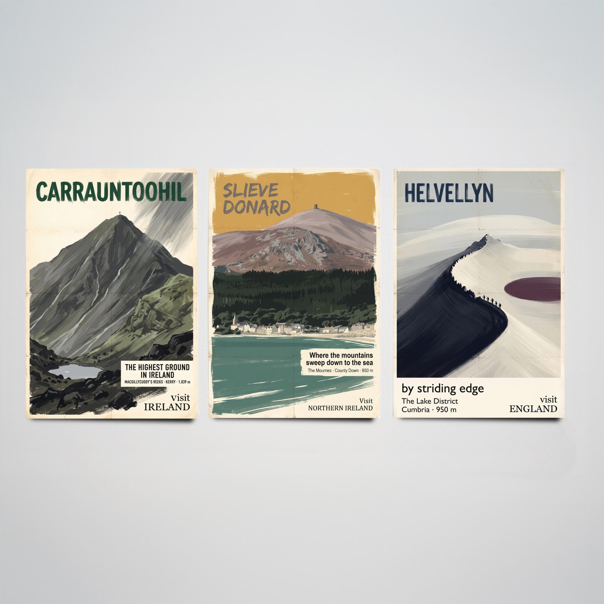 Carrauntoohil, Slieve Donard and Helvellyn Set of Three Art Prints - Highest Ground in Ireland - Mountain Travel Poster Painting V2