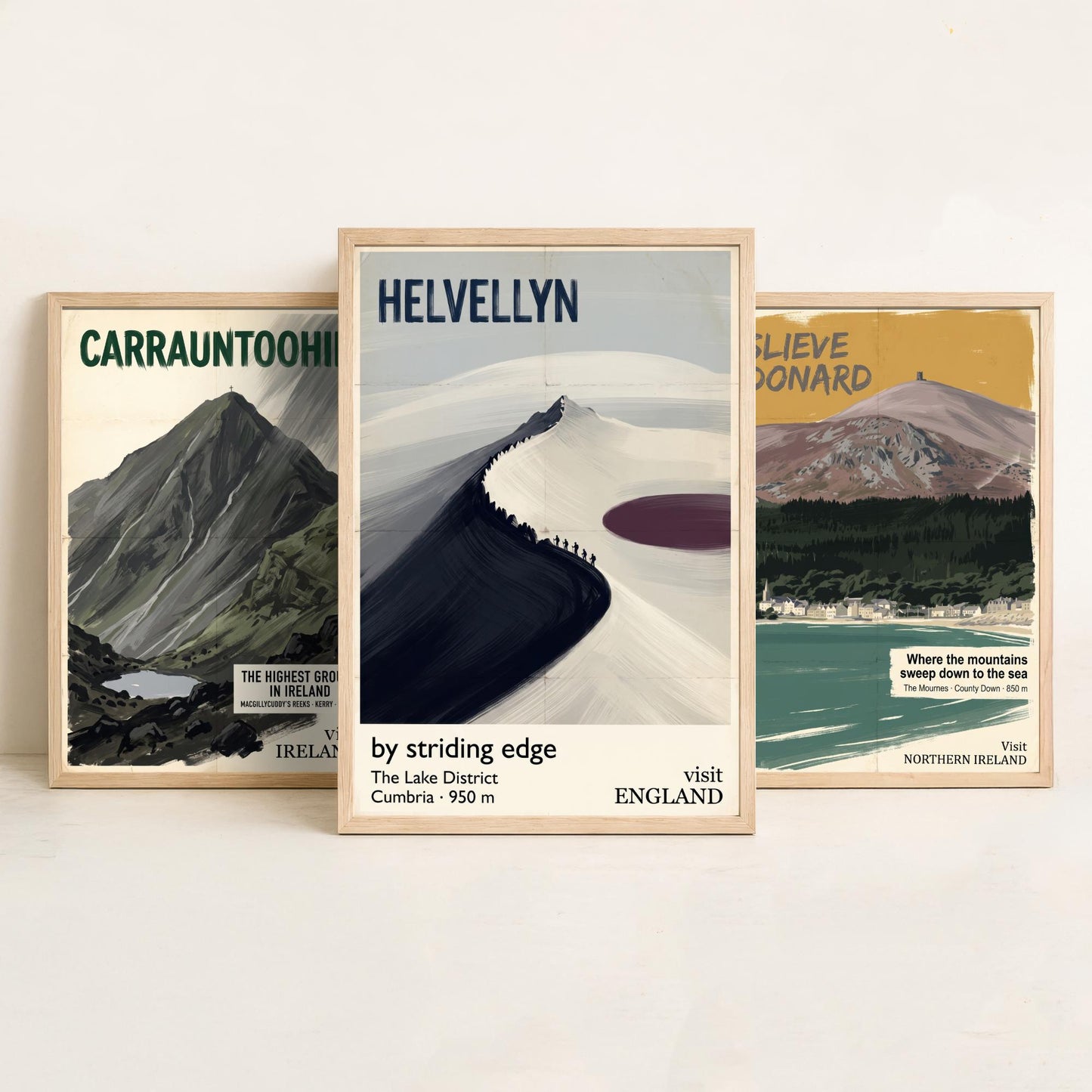 Carrauntoohil, Slieve Donard and Helvellyn Set of Three Art Prints - Highest Ground in Ireland - Mountain Travel Poster Painting V2