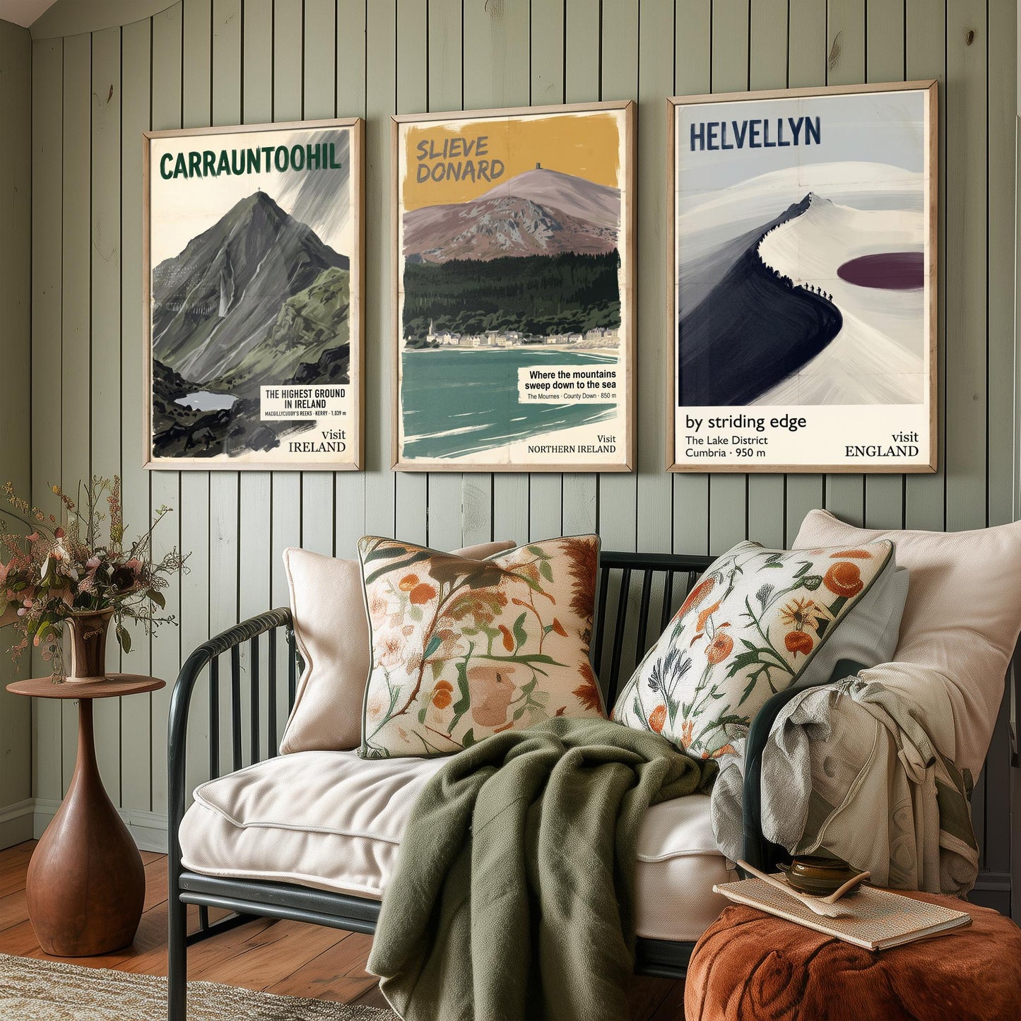 Carrauntoohil, Slieve Donard and Helvellyn Set of Three Art Prints - Highest Ground in Ireland - Mountain Travel Poster Painting V2