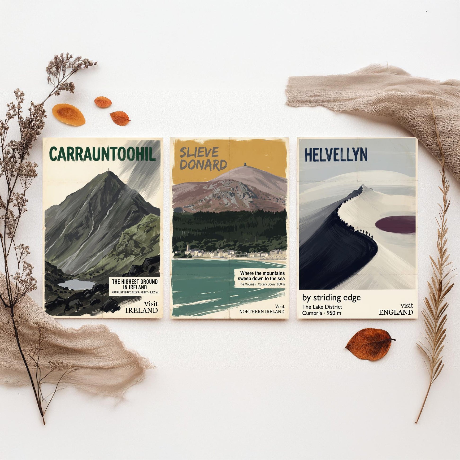 Carrauntoohil, Slieve Donard and Helvellyn Set of Three Art Prints - Highest Ground in Ireland - Mountain Travel Poster Painting V2