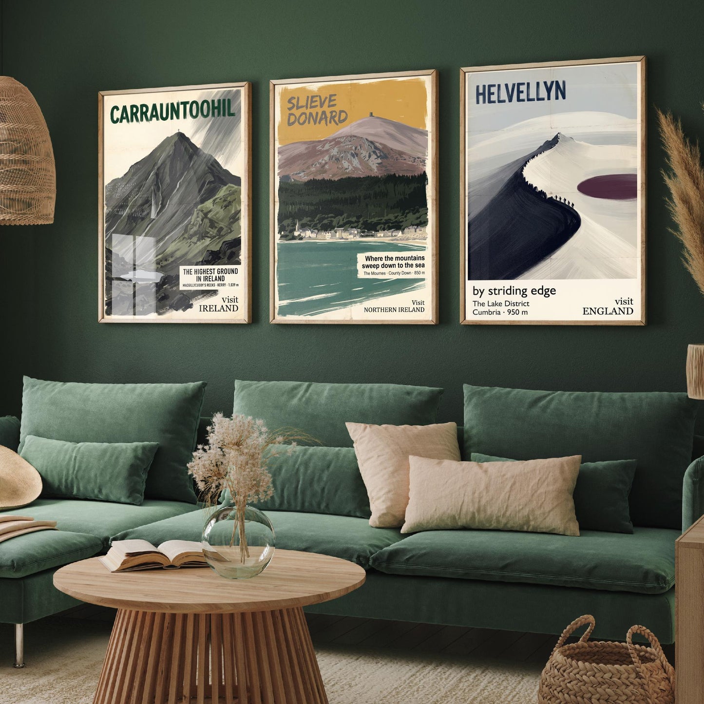 Carrauntoohil, Slieve Donard and Helvellyn Set of Three Art Prints - Highest Ground in Ireland - Mountain Travel Poster Painting V2
