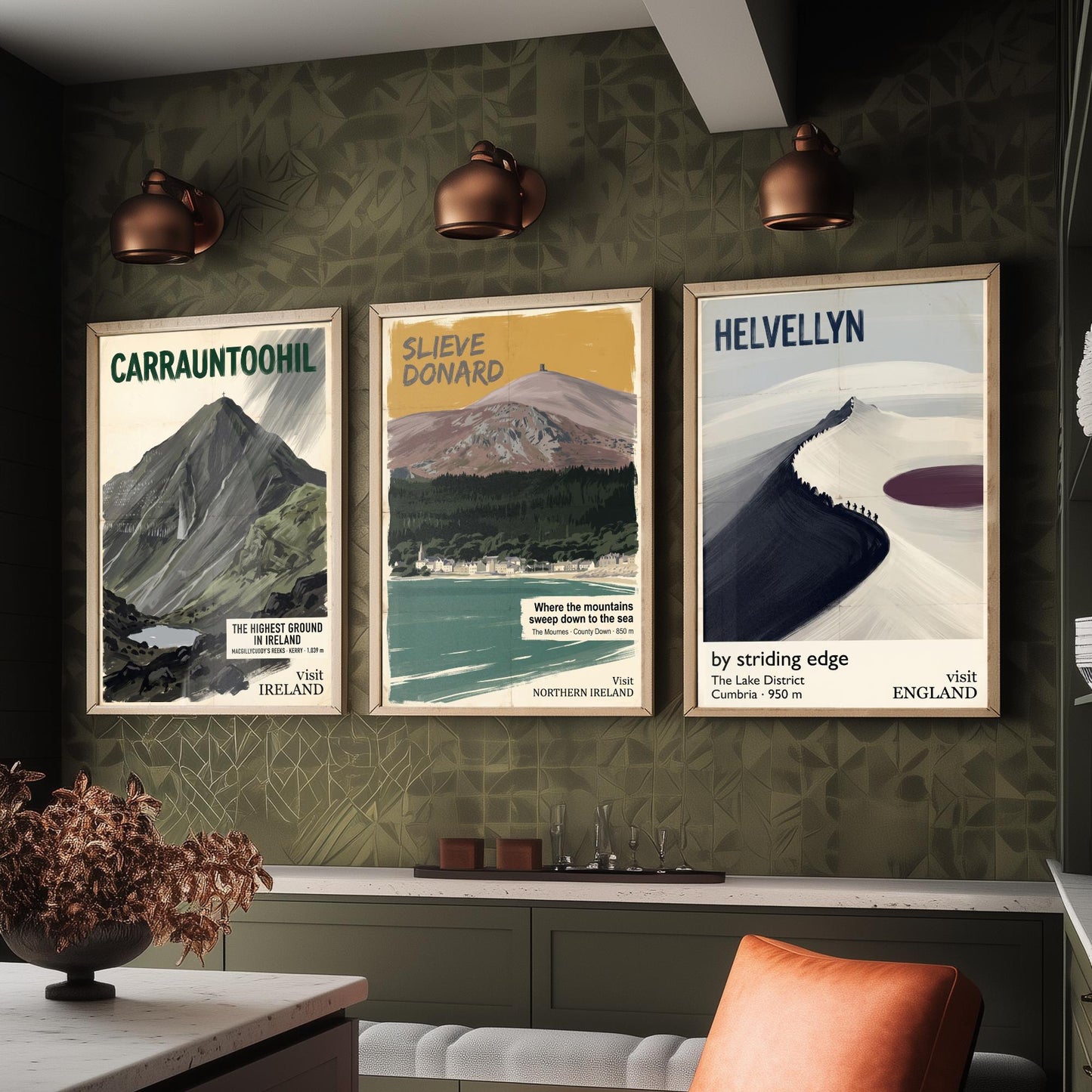 Carrauntoohil, Slieve Donard and Helvellyn Set of Three Art Prints - Highest Ground in Ireland - Mountain Travel Poster Painting V2
