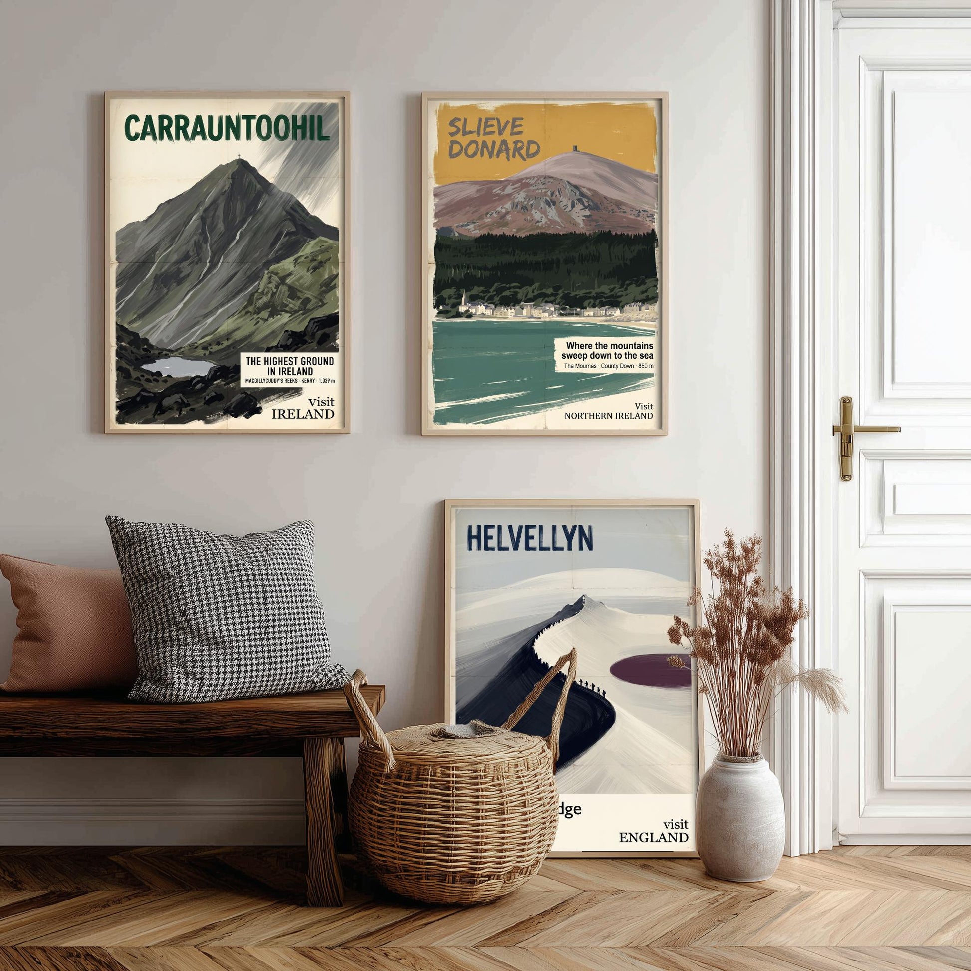 Carrauntoohil, Slieve Donard and Helvellyn Set of Three Art Prints - Highest Ground in Ireland - Mountain Travel Poster Painting V2