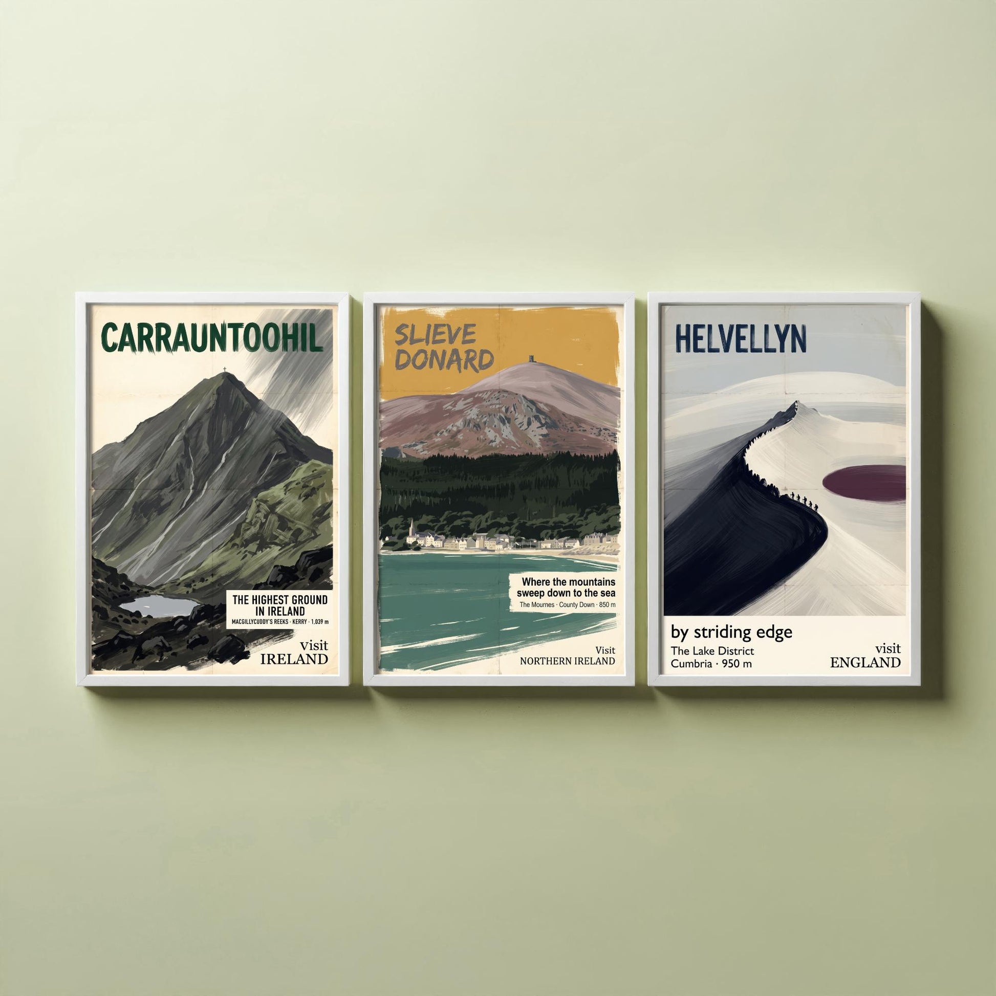 Carrauntoohil, Slieve Donard and Helvellyn Set of Three Art Prints - Highest Ground in Ireland - Mountain Travel Poster Painting V2