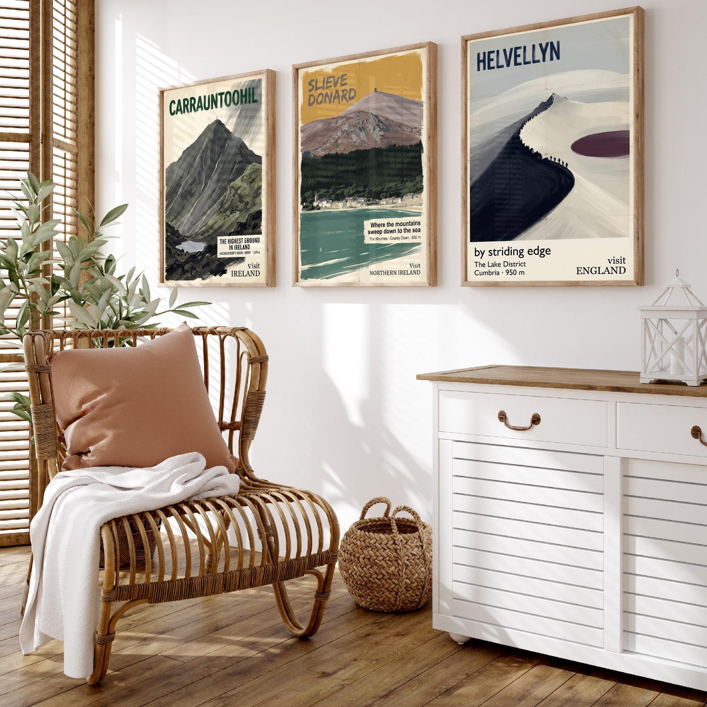 Carrauntoohil, Slieve Donard and Helvellyn Set of Three Art Prints - Highest Ground in Ireland - Mountain Travel Poster Painting V2