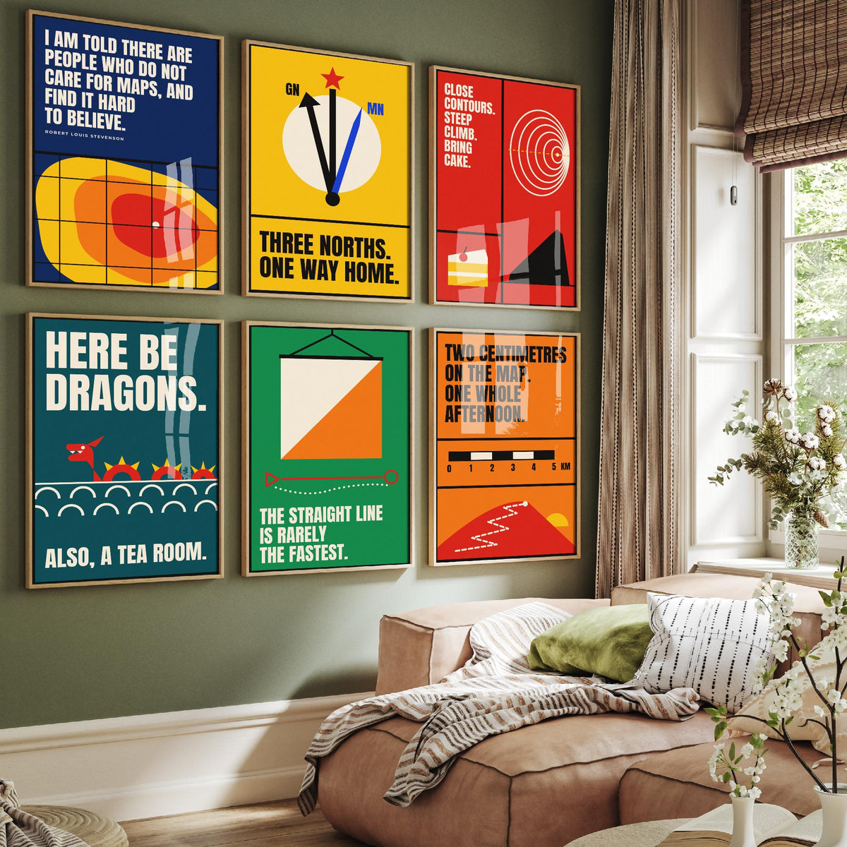 Set of Six Cartography Quote Art Prints - 6 Bauhaus Maps and Orienteering Posters - Minimalist Travel Illustration - Contours, Compass
