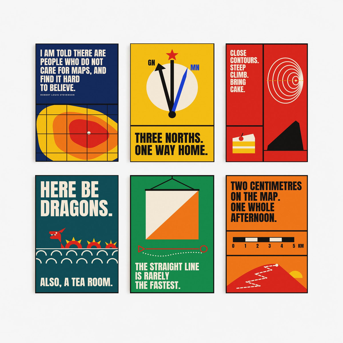 Set of Six Cartography Quote Art Prints - 6 Bauhaus Maps and Orienteering Posters - Minimalist Travel Illustration - Contours, Compass