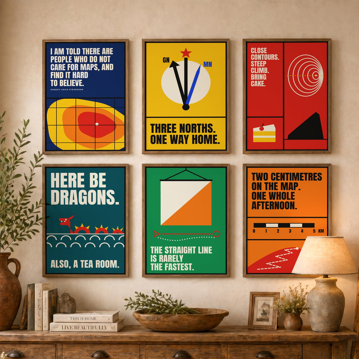 Set of Six Cartography Quote Art Prints - 6 Bauhaus Maps and Orienteering Posters - Minimalist Travel Illustration - Contours, Compass