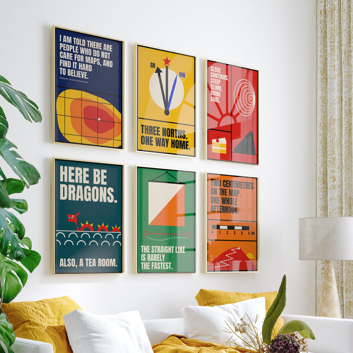 Set of Six Cartography Quote Art Prints - 6 Bauhaus Maps and Orienteering Posters - Minimalist Travel Illustration - Contours, Compass