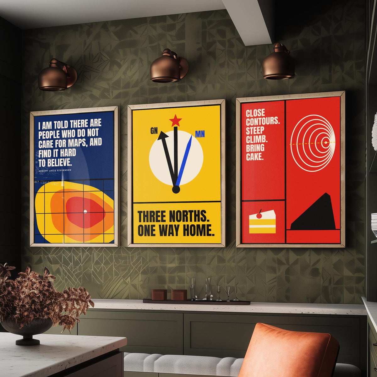 Cartography Quotes Set of Three Art Prints - 3 Bauhaus Maps and Orienteering Posters - Minimalist Travel Wall Art Illustration V1