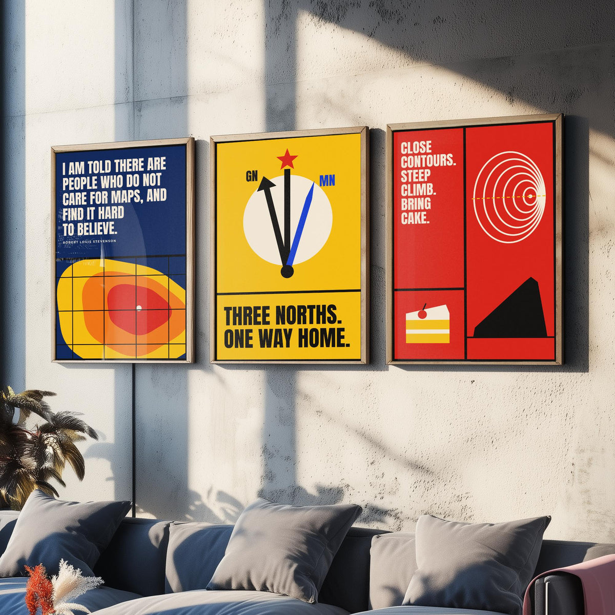 Cartography Quotes Set of Three Art Prints - 3 Bauhaus Maps and Orienteering Posters - Minimalist Travel Wall Art Illustration V1