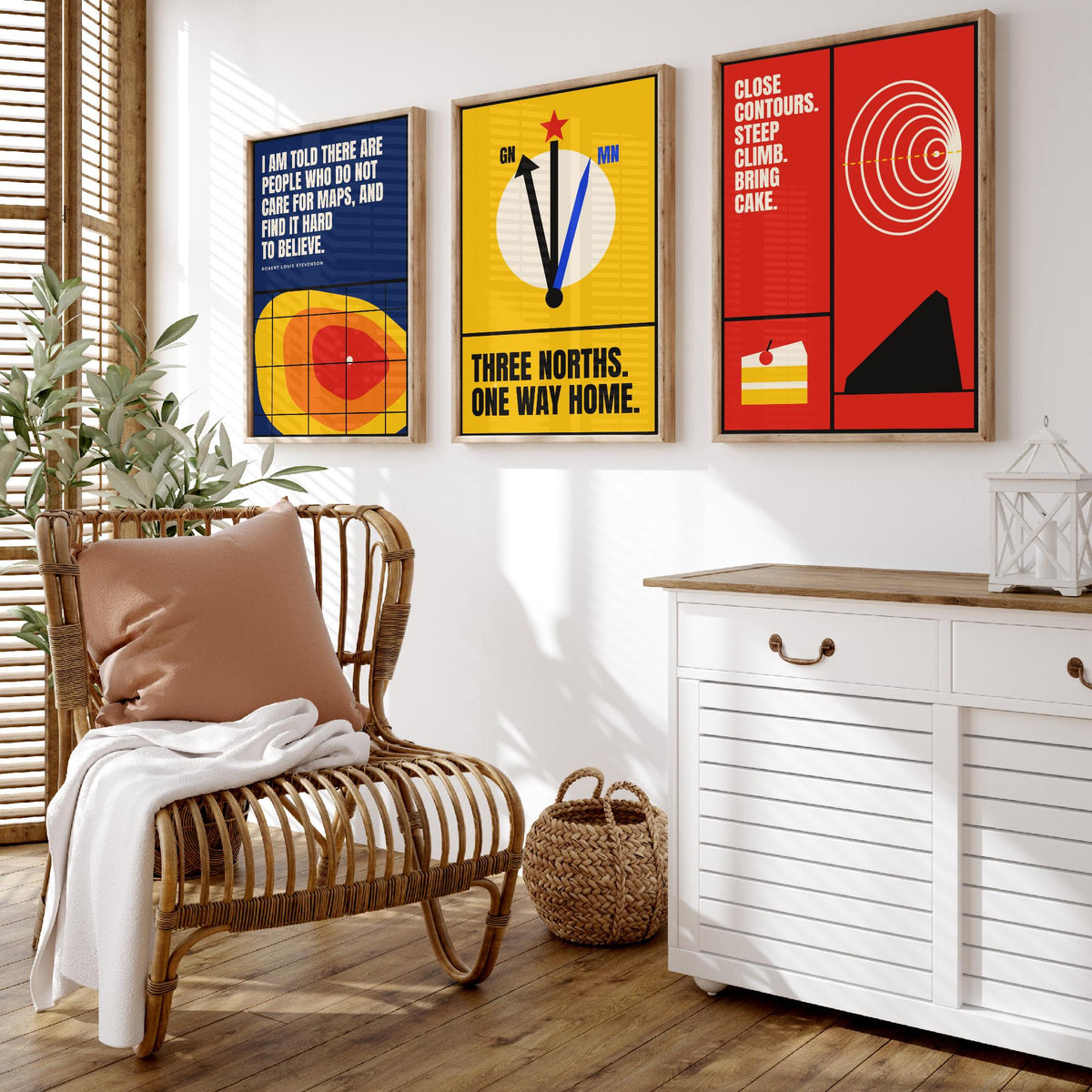 Cartography Quotes Set of Three Art Prints - 3 Bauhaus Maps and Orienteering Posters - Minimalist Travel Wall Art Illustration V1
