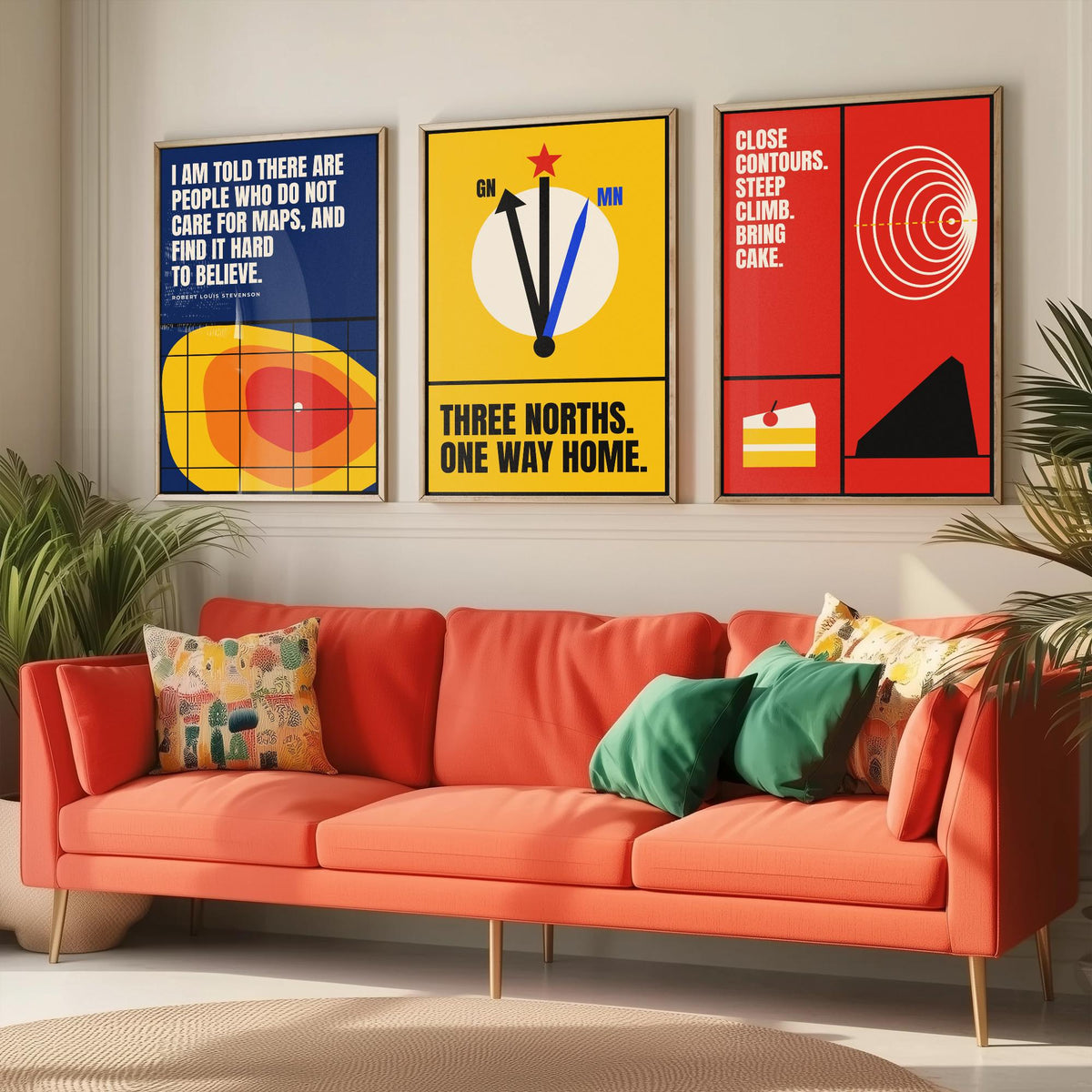 Cartography Quotes Set of Three Art Prints - 3 Bauhaus Maps and Orienteering Posters - Minimalist Travel Wall Art Illustration V1
