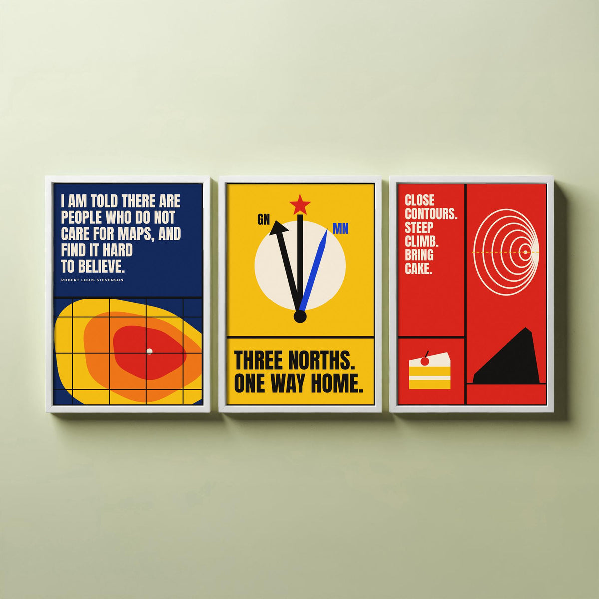 Cartography Quotes Set of Three Art Prints - 3 Bauhaus Maps and Orienteering Posters - Minimalist Travel Wall Art Illustration V1