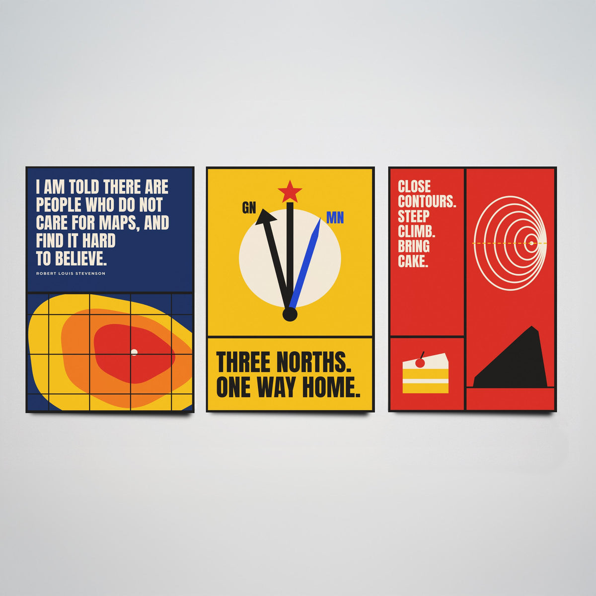 Cartography Quotes Set of Three Art Prints - 3 Bauhaus Maps and Orienteering Posters - Minimalist Travel Wall Art Illustration V1