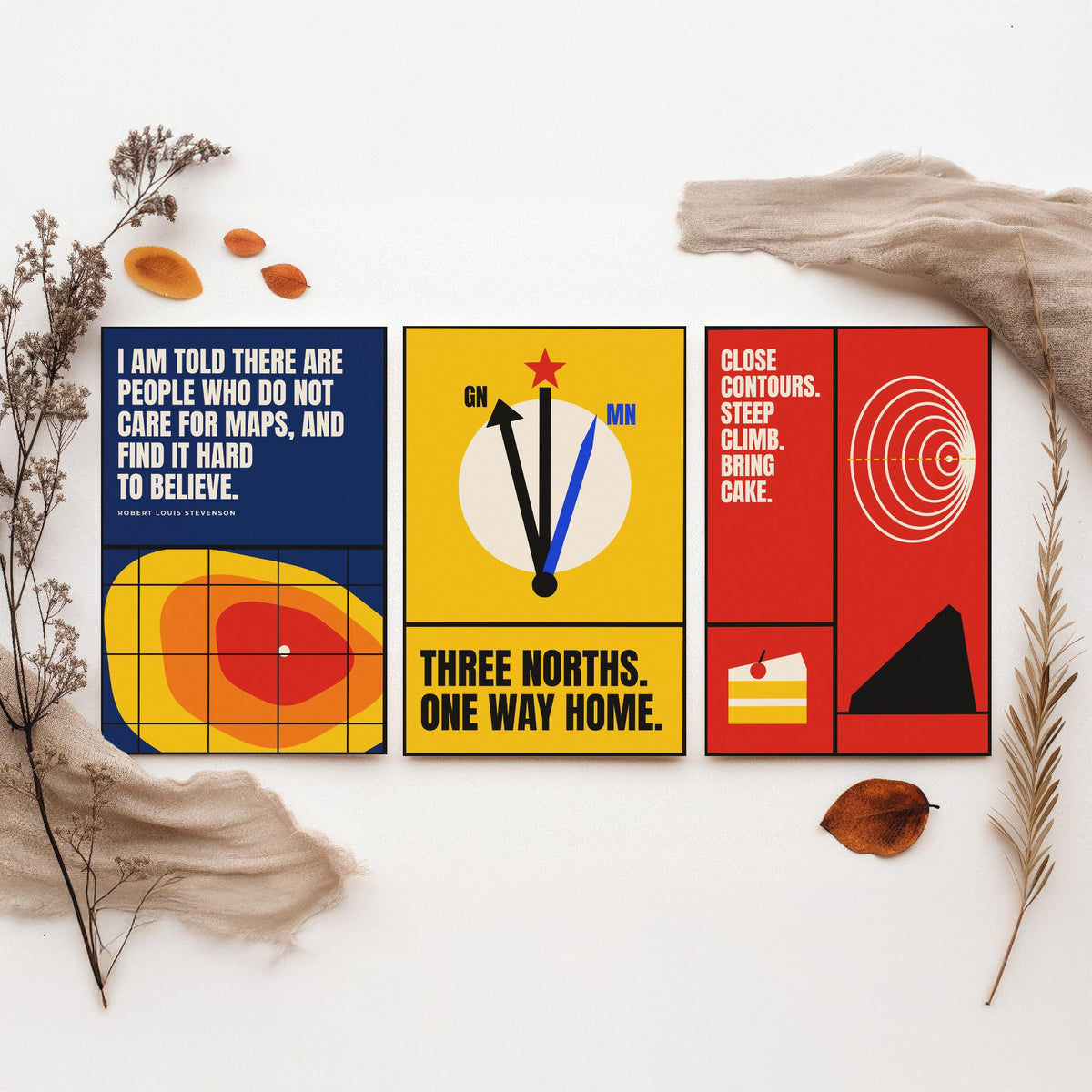 Cartography Quotes Set of Three Art Prints - 3 Bauhaus Maps and Orienteering Posters - Minimalist Travel Wall Art Illustration V1
