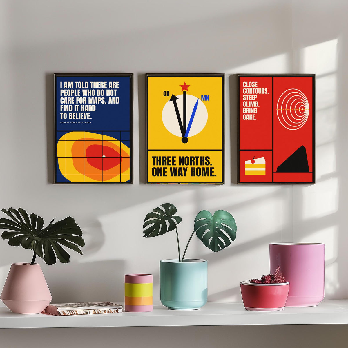 Cartography Quotes Set of Three Art Prints - 3 Bauhaus Maps and Orienteering Posters - Minimalist Travel Wall Art Illustration V1