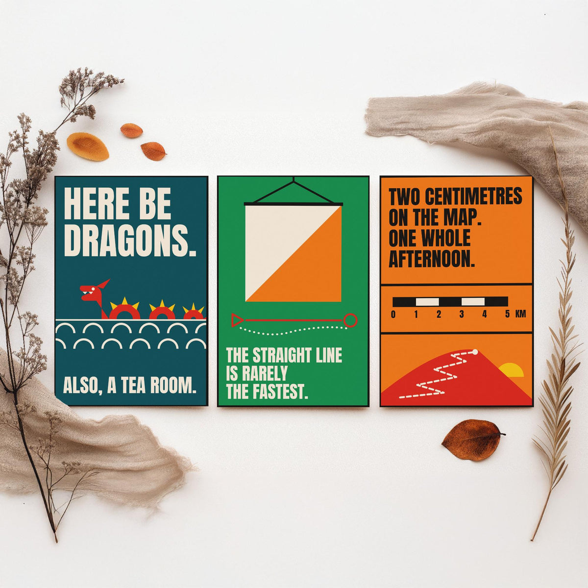 Cartography Quotes Set of Three Art Prints - 3 Retro Bauhaus Maps and Orienteering Posters - Minimalist Travel Wall Art Illustration V2