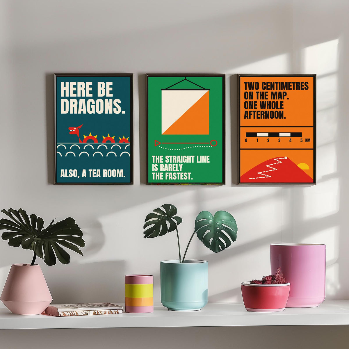 Cartography Quotes Set of Three Art Prints - 3 Retro Bauhaus Maps and Orienteering Posters - Minimalist Travel Wall Art Illustration V2