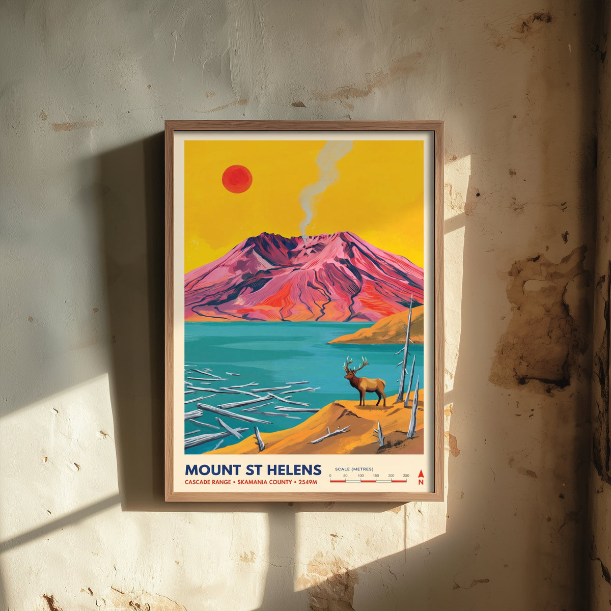 Mount St Helens Travel Poster - Washington Volcano Art Print - Elk at Spirit Lake Illustration - Cascade Range 1/3