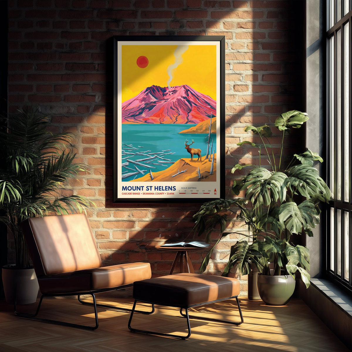 Mount St Helens Travel Poster - Washington Volcano Art Print - Elk at Spirit Lake Illustration - Cascade Range 1/3