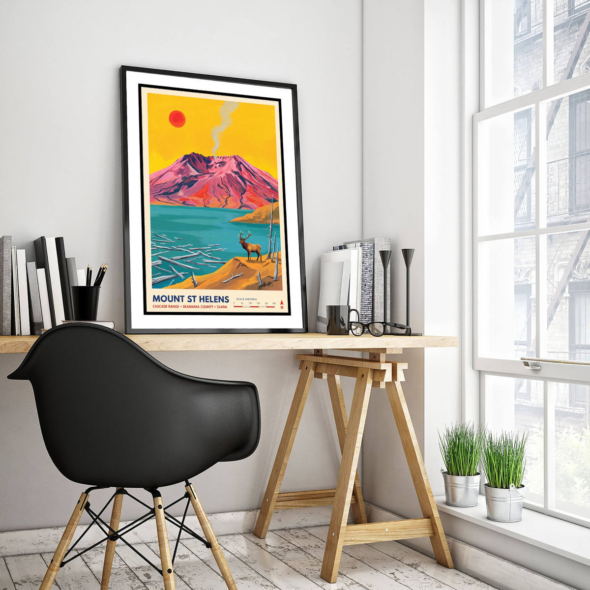 Mount St Helens Travel Poster - Washington Volcano Art Print - Elk at Spirit Lake Illustration - Cascade Range 1/3