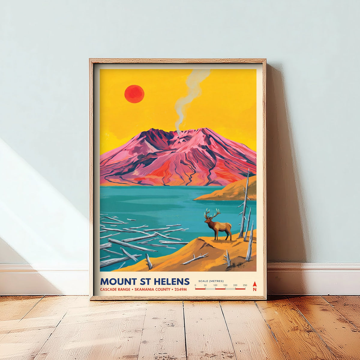 Mount St Helens Travel Poster - Washington Volcano Art Print - Elk at Spirit Lake Illustration - Cascade Range 1/3