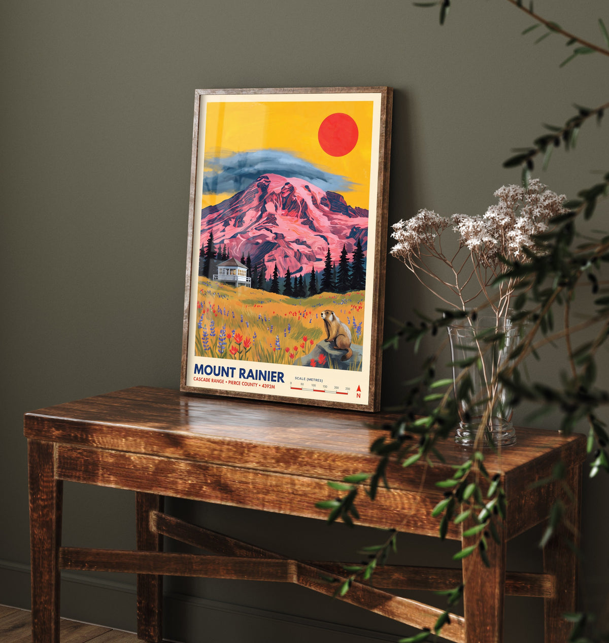 Mount Rainier Fire Lookout Travel Poster - Washington Wildflower Meadow Art Print - Marmot Illustration - Cascade Range 2/3