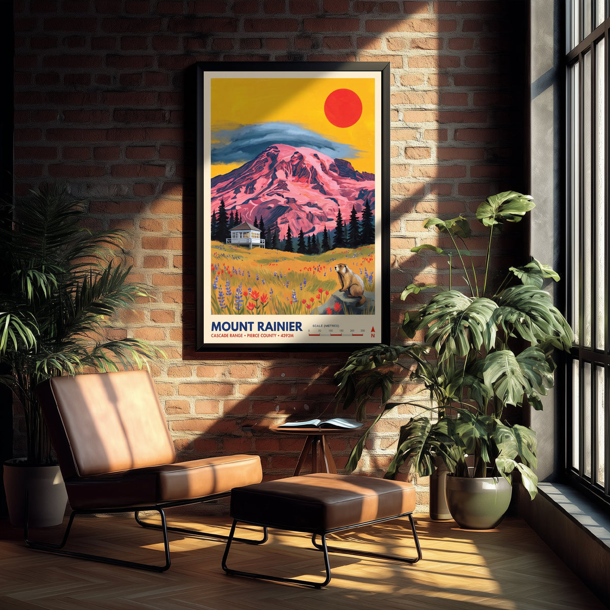 Mount Rainier Fire Lookout Travel Poster - Washington Wildflower Meadow Art Print - Marmot Illustration - Cascade Range 2/3