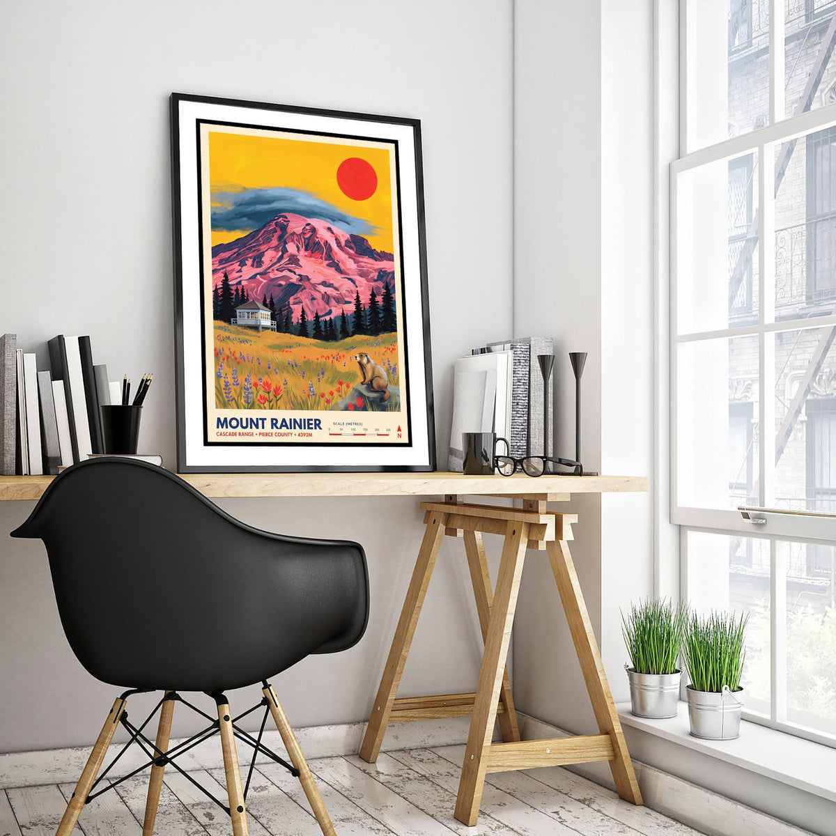 Mount Rainier Fire Lookout Travel Poster - Washington Wildflower Meadow Art Print - Marmot Illustration - Cascade Range 2/3