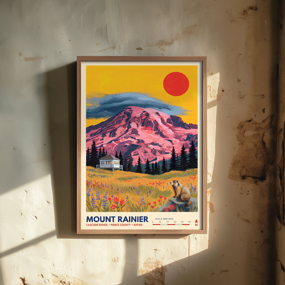 Mount Rainier Fire Lookout Travel Poster - Washington Wildflower Meadow Art Print - Marmot Illustration - Cascade Range 2/3