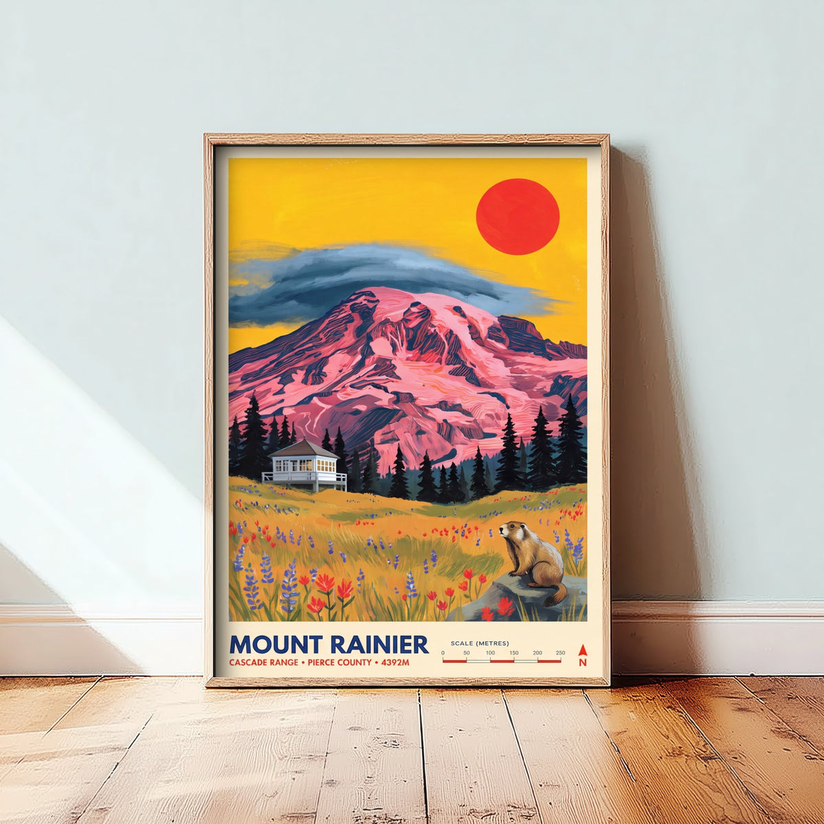Mount Rainier Fire Lookout Travel Poster - Washington Wildflower Meadow Art Print - Marmot Illustration - Cascade Range 2/3