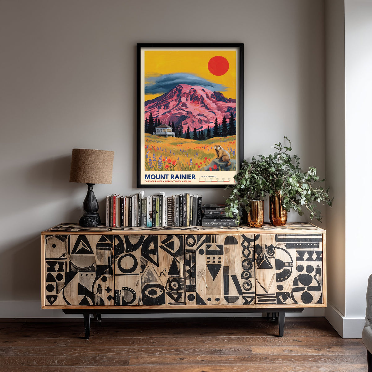 Mount Rainier Fire Lookout Travel Poster - Washington Wildflower Meadow Art Print - Marmot Illustration - Cascade Range 2/3