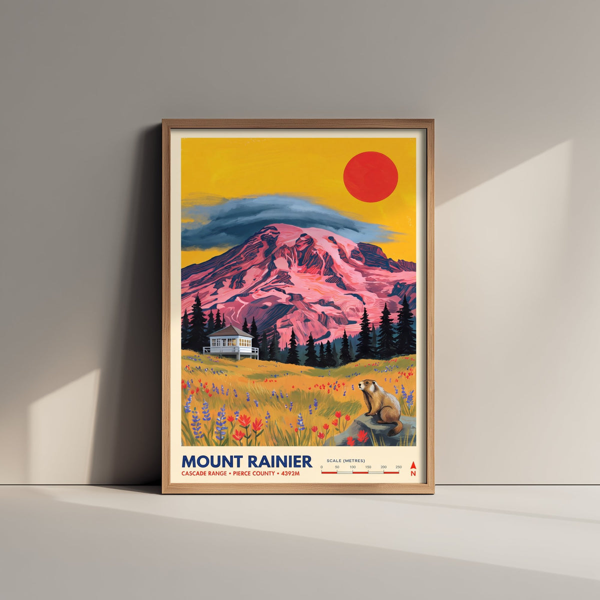 Mount Rainier Fire Lookout Travel Poster - Washington Wildflower Meadow Art Print - Marmot Illustration - Cascade Range 2/3