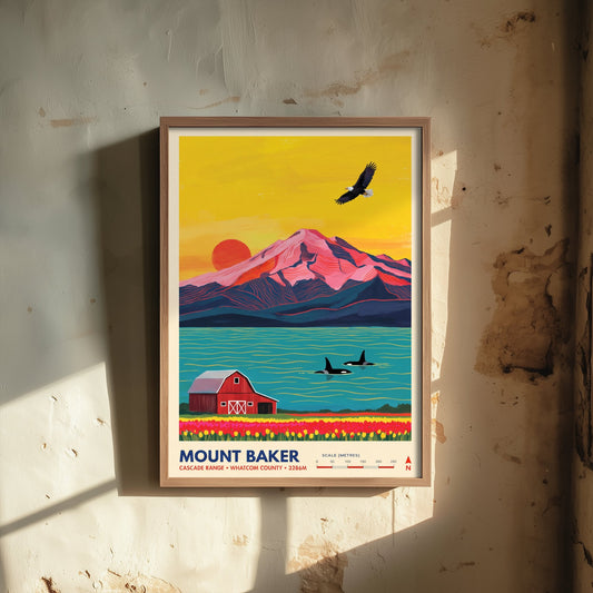 Mount Baker Travel Poster - Bald Eagle Orca Whales Illustration - Red Barn Tulip Fields Art Print - Washington Cascades 3/3