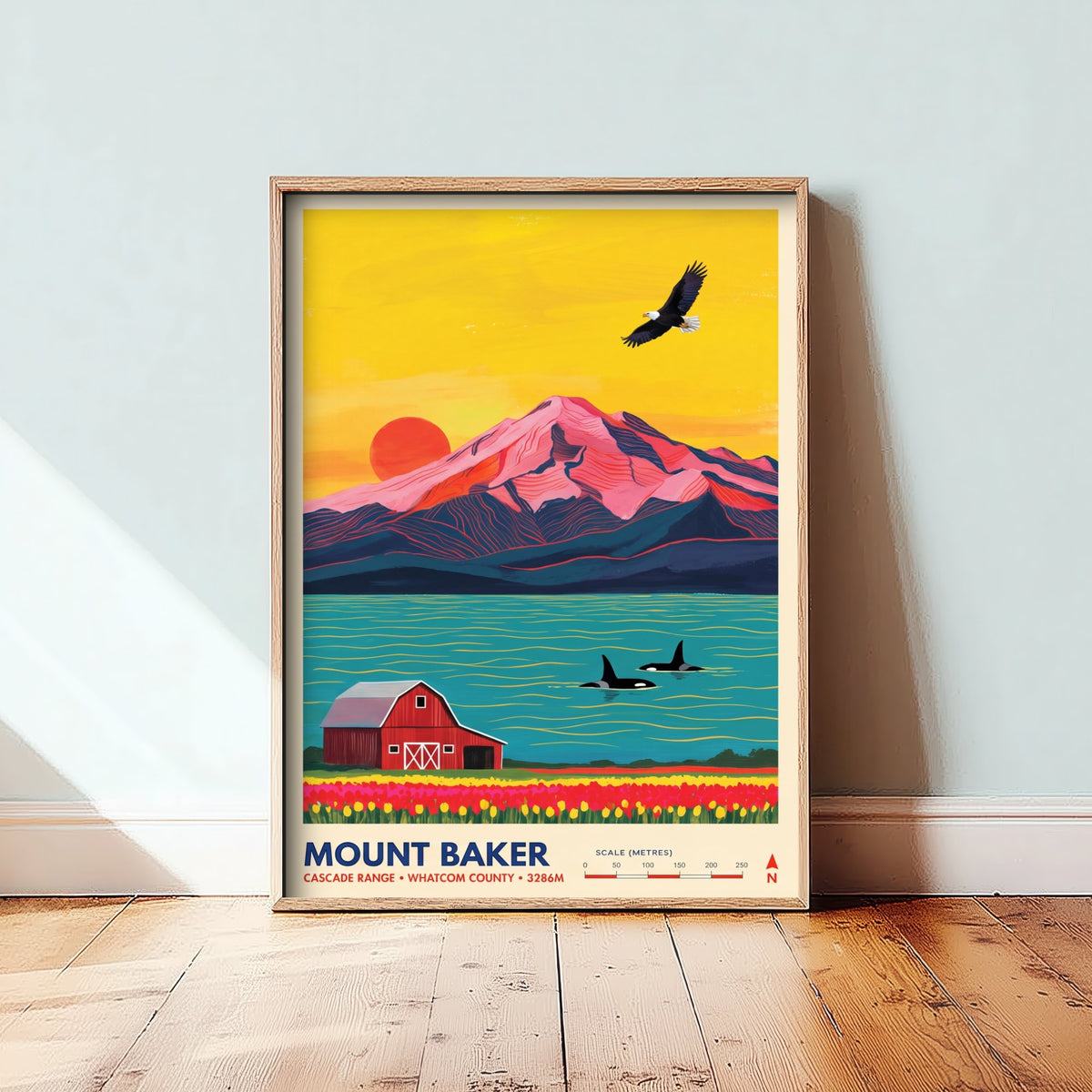 Mount Baker Travel Poster - Bald Eagle Orca Whales Illustration - Red Barn Tulip Fields Art Print - Washington Cascades 3/3