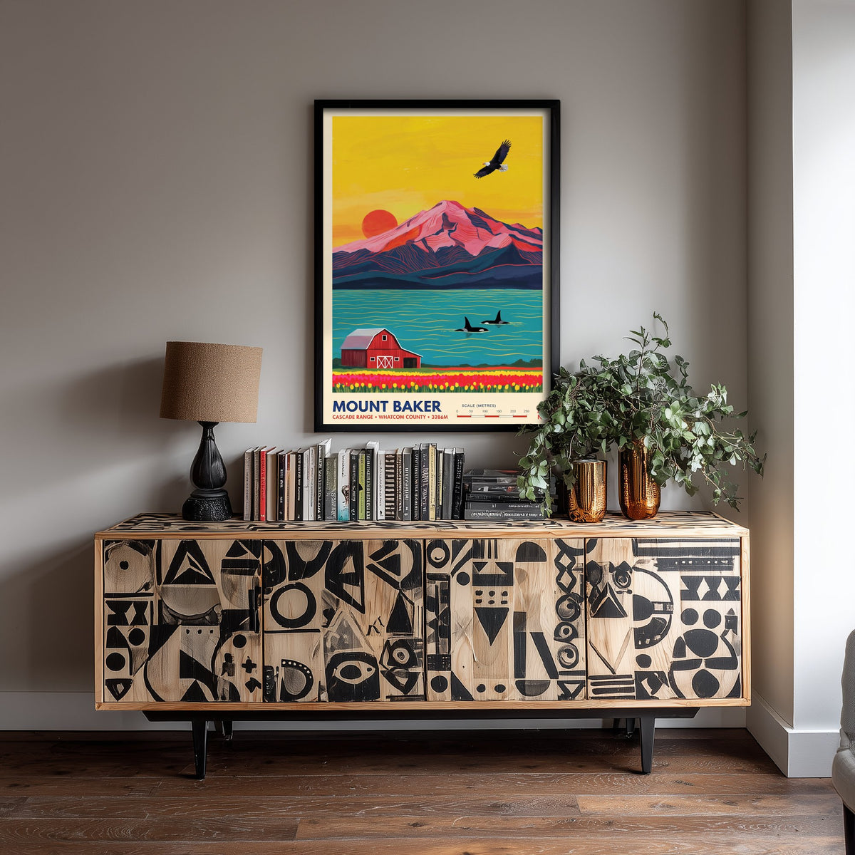 Mount Baker Travel Poster - Bald Eagle Orca Whales Illustration - Red Barn Tulip Fields Art Print - Washington Cascades 3/3