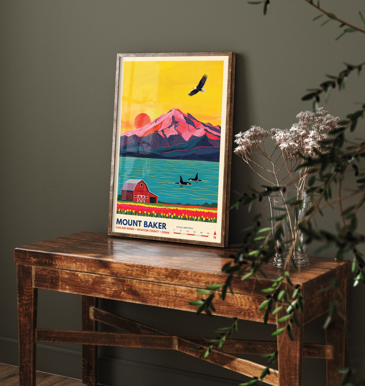 Mount Baker Travel Poster - Bald Eagle Orca Whales Illustration - Red Barn Tulip Fields Art Print - Washington Cascades 3/3