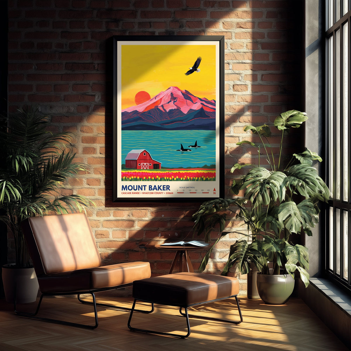 Mount Baker Travel Poster - Bald Eagle Orca Whales Illustration - Red Barn Tulip Fields Art Print - Washington Cascades 3/3